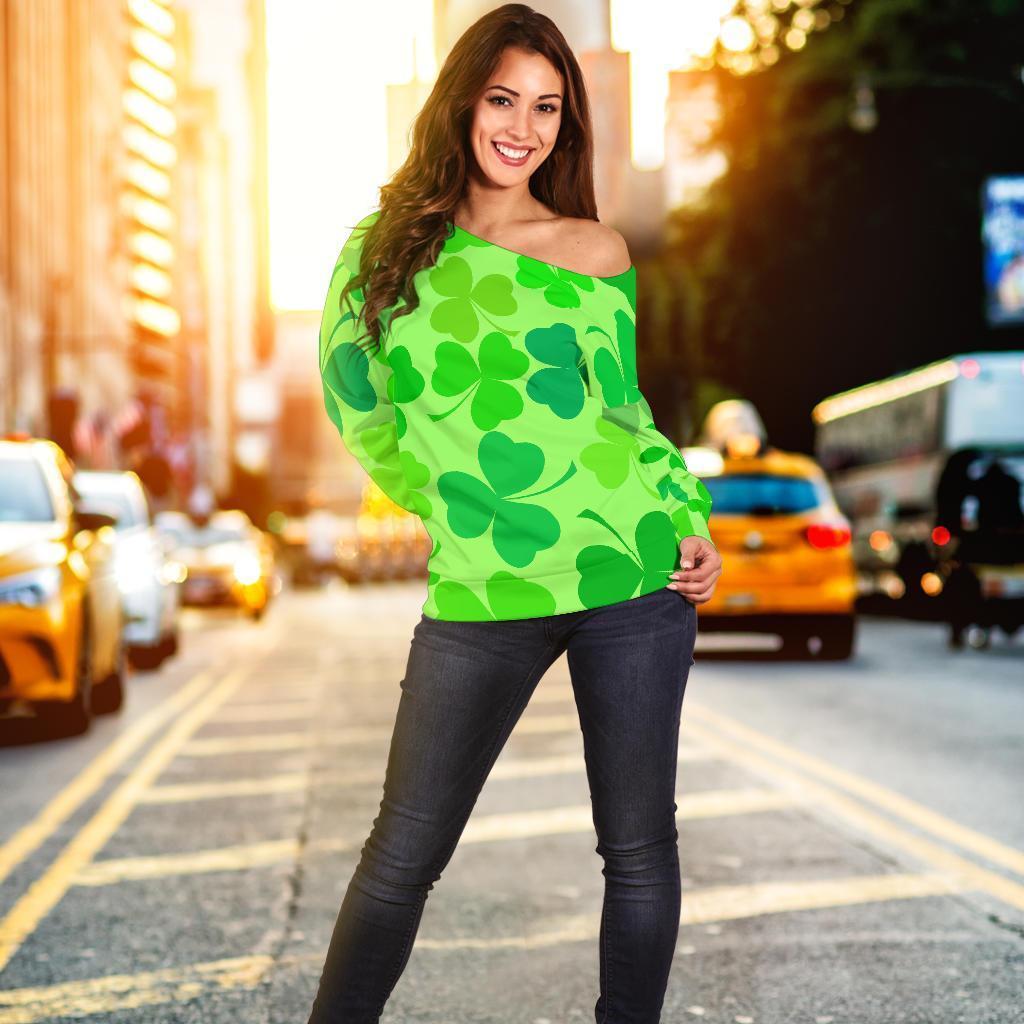 Shamrock St Patrick's Day Pattern Print Women Off Shoulder Sweatshirt-grizzshop