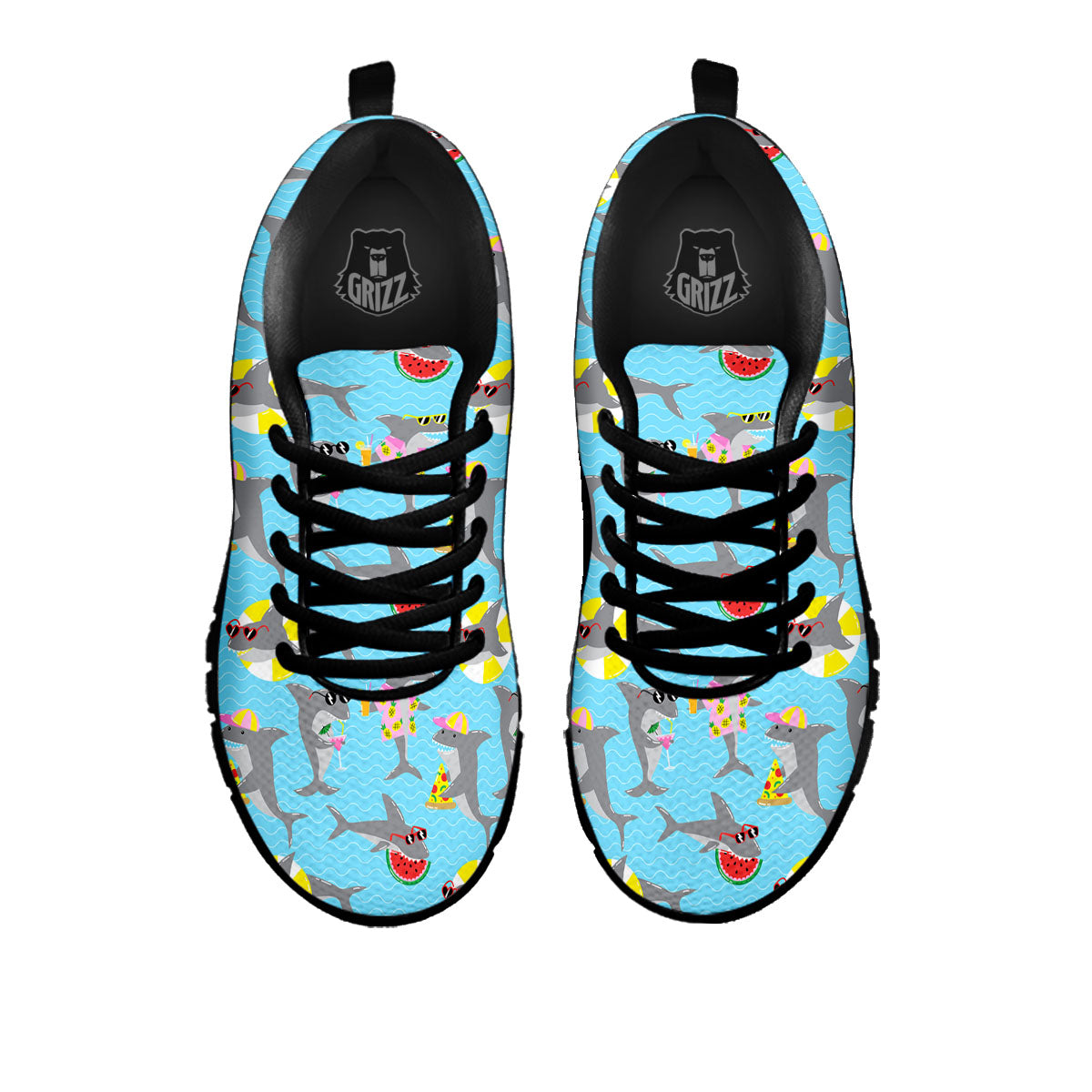 Shark Cartoon Print Pattern Black Sneaker-grizzshop