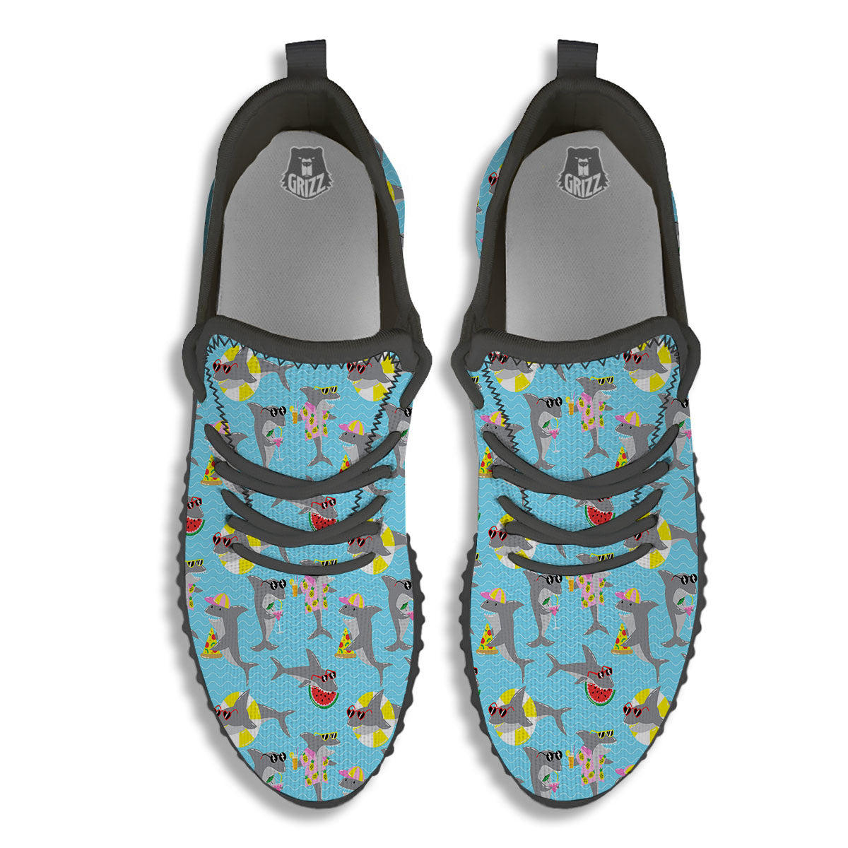 Shark Cartoon Print Pattern Black Walking Shoes-grizzshop
