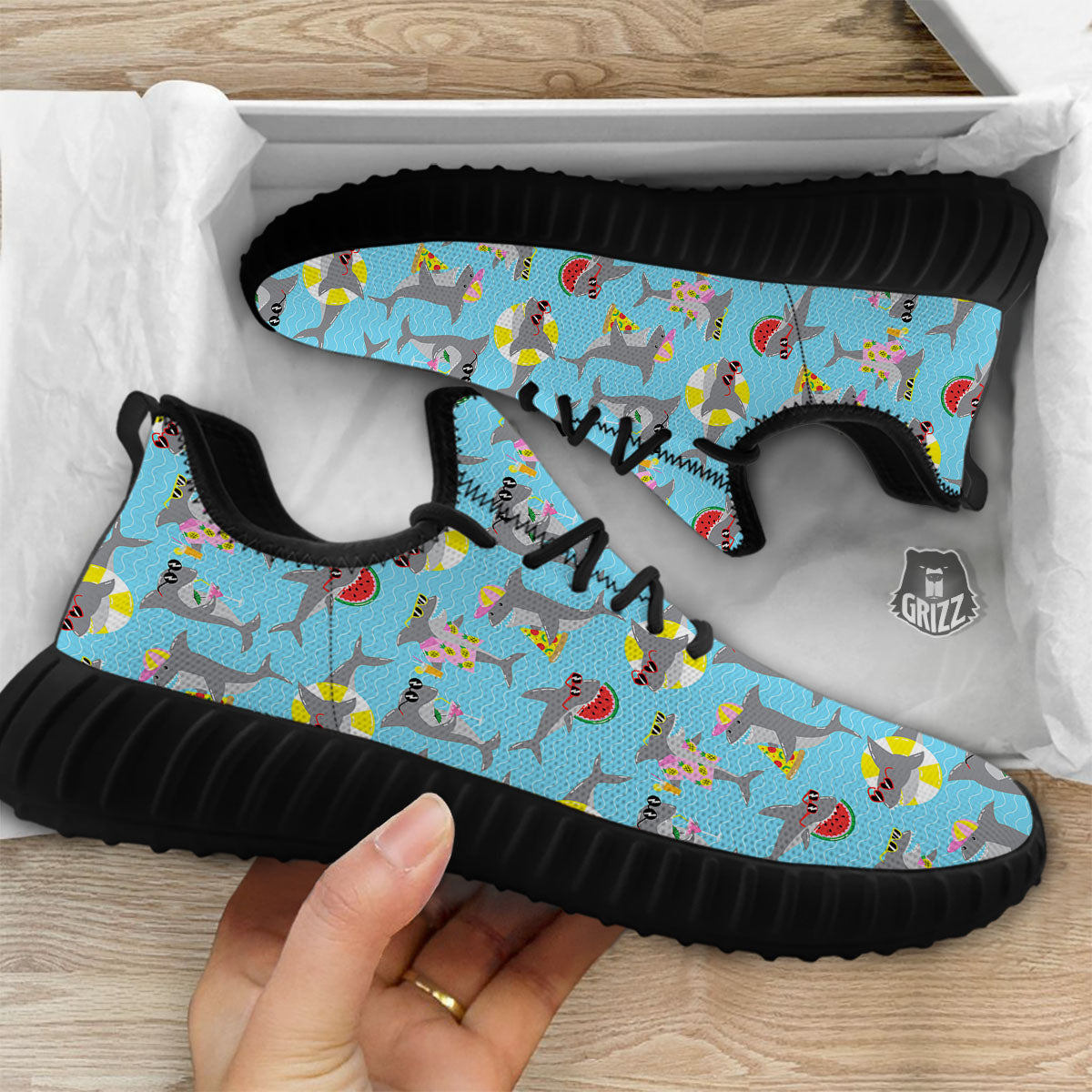 Shark Cartoon Print Pattern Black Walking Shoes-grizzshop