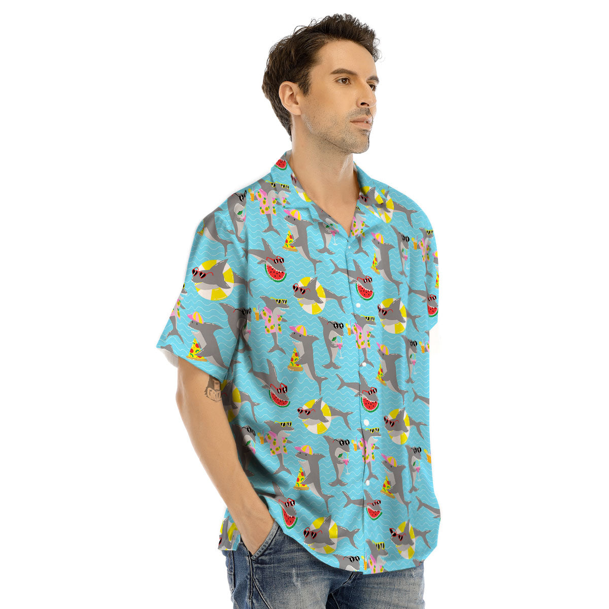 Shark Cartoon Print Pattern Men's Hawaiian Shirt-grizzshop