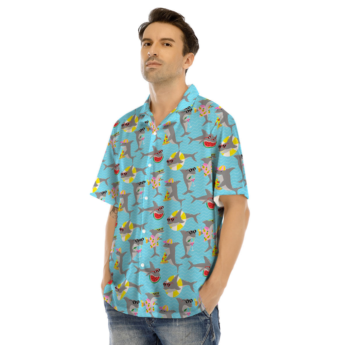 Shark Cartoon Print Pattern Men's Hawaiian Shirt-grizzshop