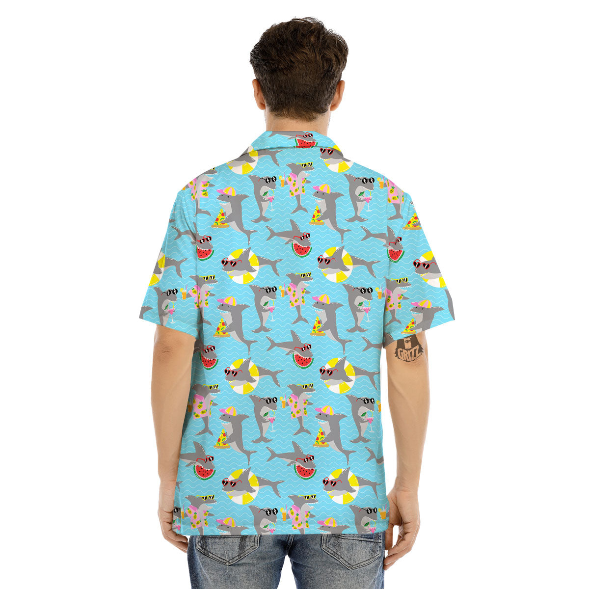 Shark Cartoon Print Pattern Men's Hawaiian Shirt-grizzshop