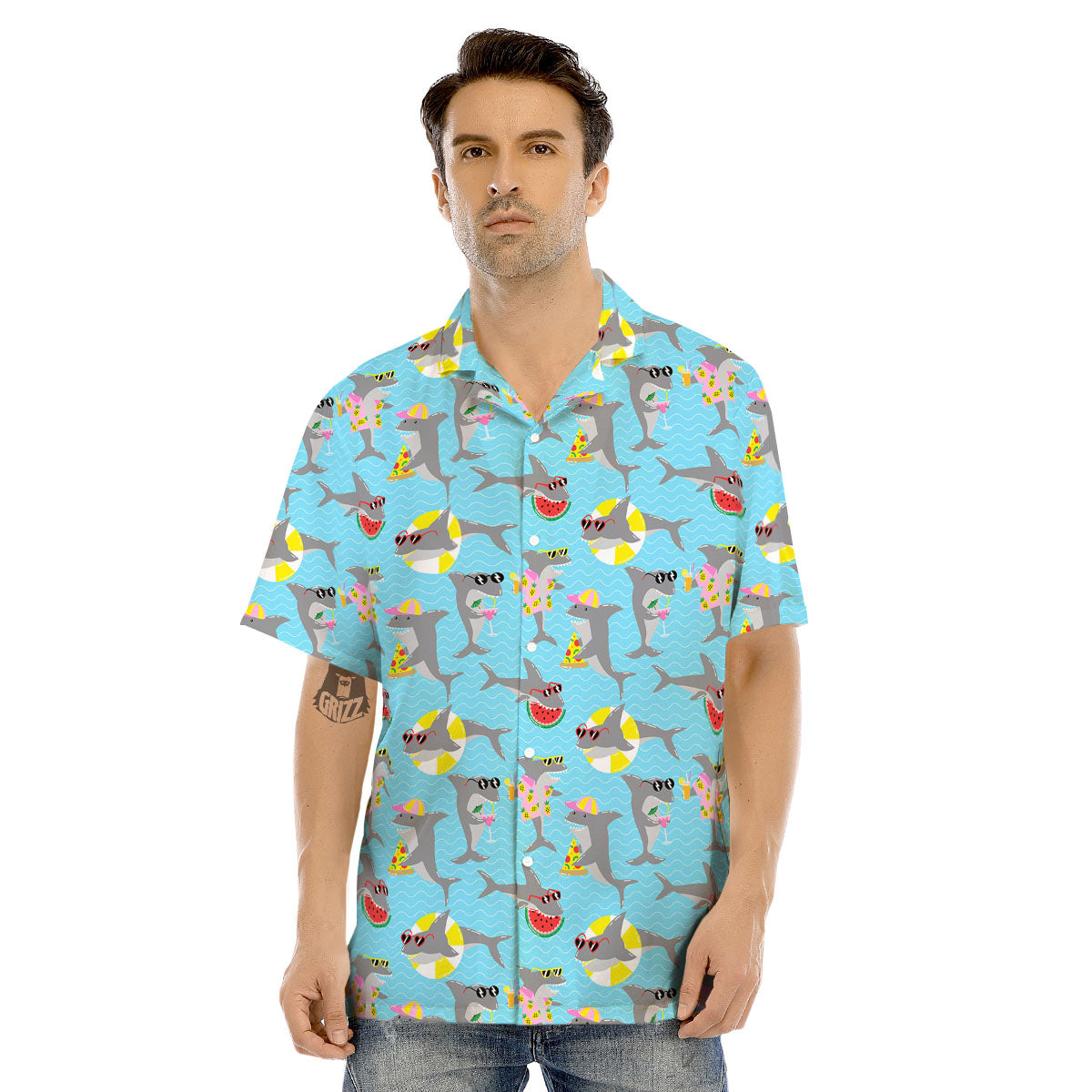 Shark Cartoon Print Pattern Men's Hawaiian Shirt-grizzshop