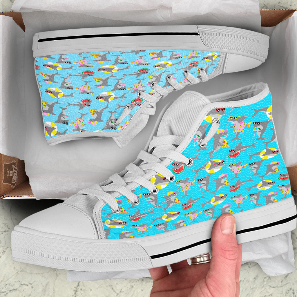 Shark Cartoon Print Pattern White High Top Shoes-grizzshop