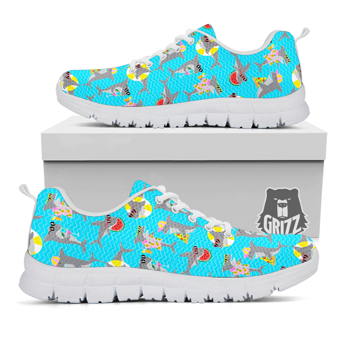 Shark Cartoon Print Pattern White Sneaker-grizzshop