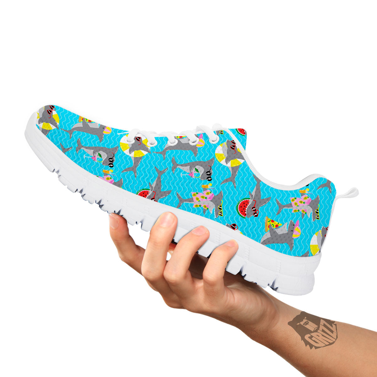 Shark Cartoon Print Pattern White Sneaker-grizzshop