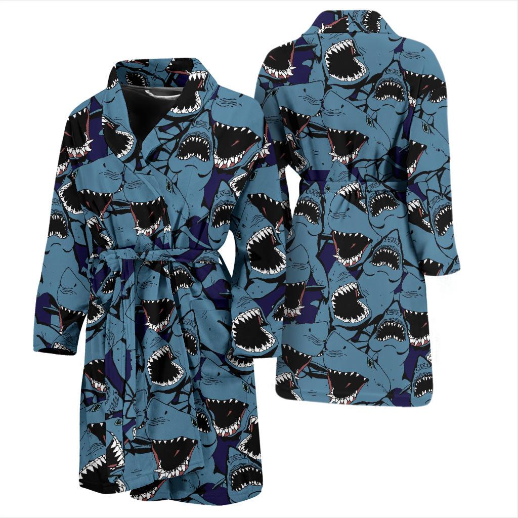 Shark Circling Pattern Print Men Long Robe-grizzshop