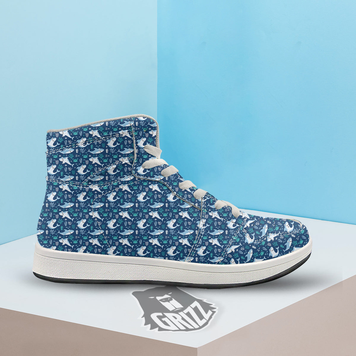 Shark Cute Print Pattern High Top Sneakers-grizzshop