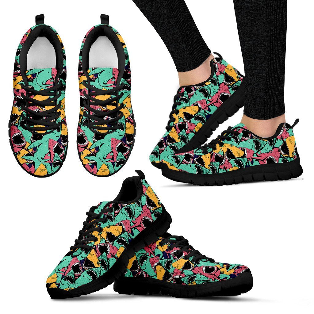 Shark Print Pattern Black Sneaker Shoes For Men Women-grizzshop