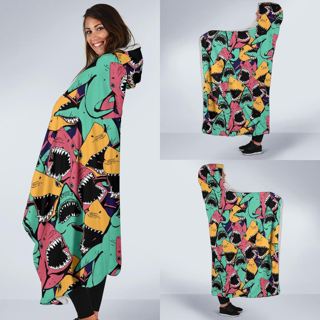 Shark Print Pattern Hooded Blanket-grizzshop