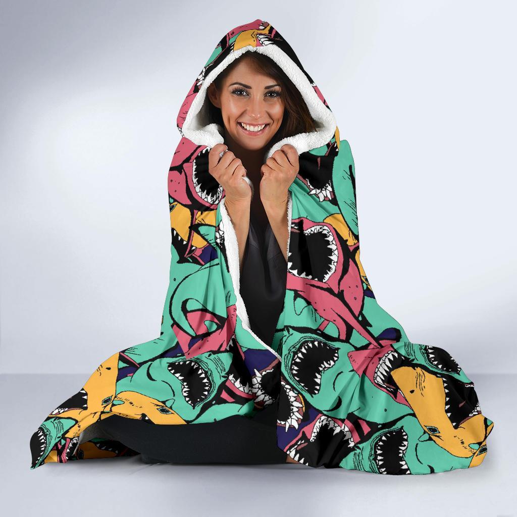 Shark Print Pattern Hooded Blanket-grizzshop