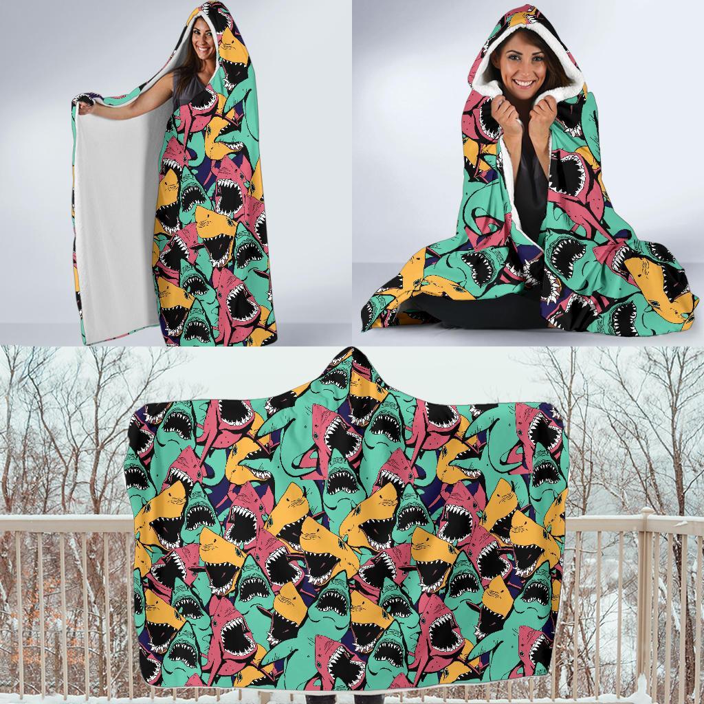 Shark Print Pattern Hooded Blanket-grizzshop