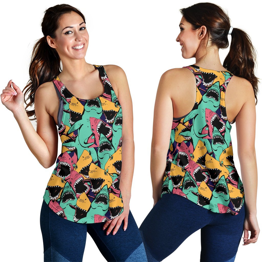 Shark Print Pattern Women's Racerback Tank Tops-grizzshop
