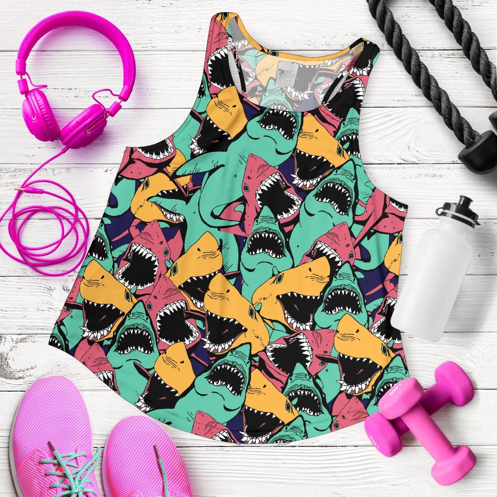 Shark Print Pattern Women's Racerback Tank Tops-grizzshop