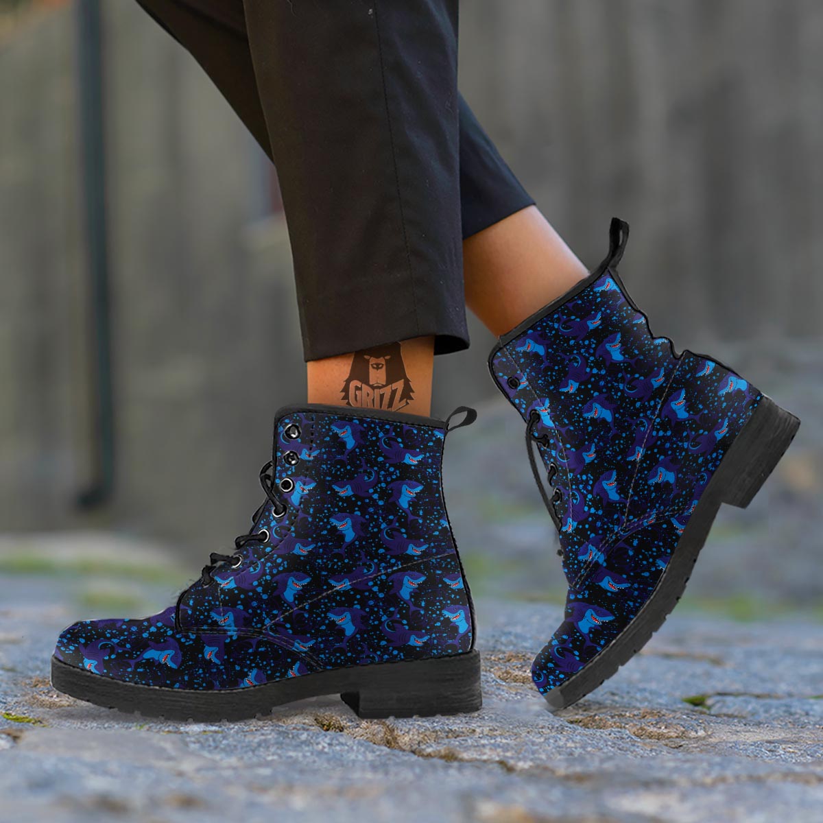 Shark Smiley Print Pattern Leather Boots-grizzshop