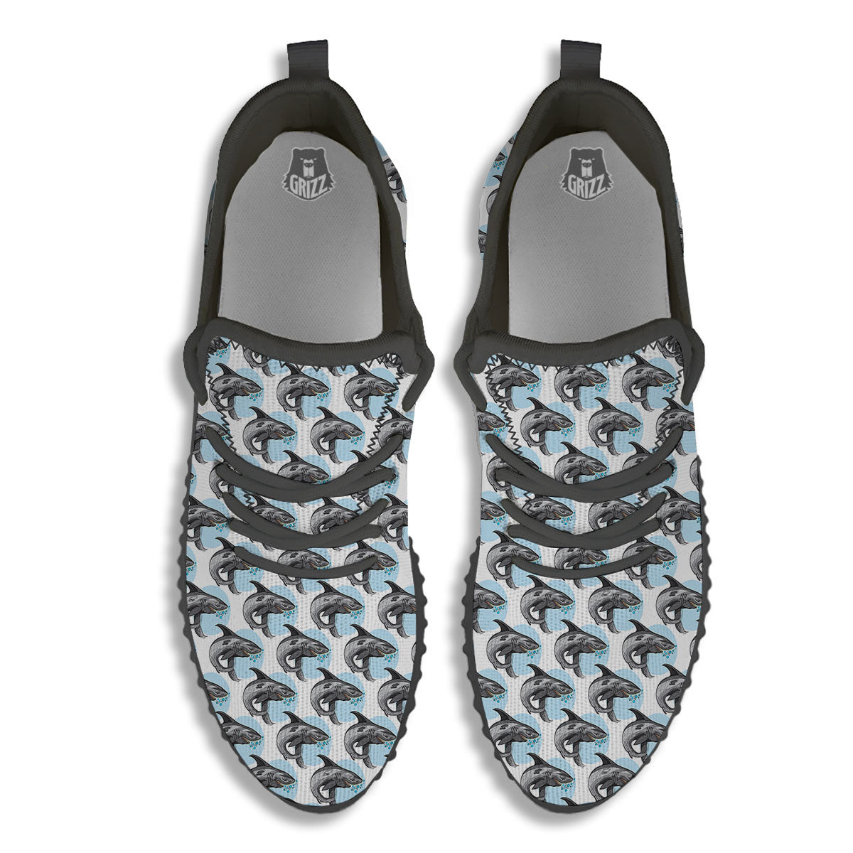 Shark White And Grey Print Pattern Black Walking Shoes-grizzshop