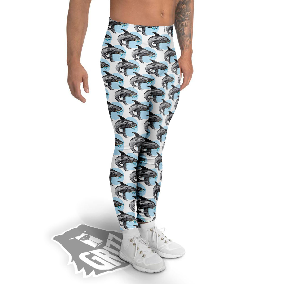 Shark White And Grey Print Pattern Men's Leggings-grizzshop