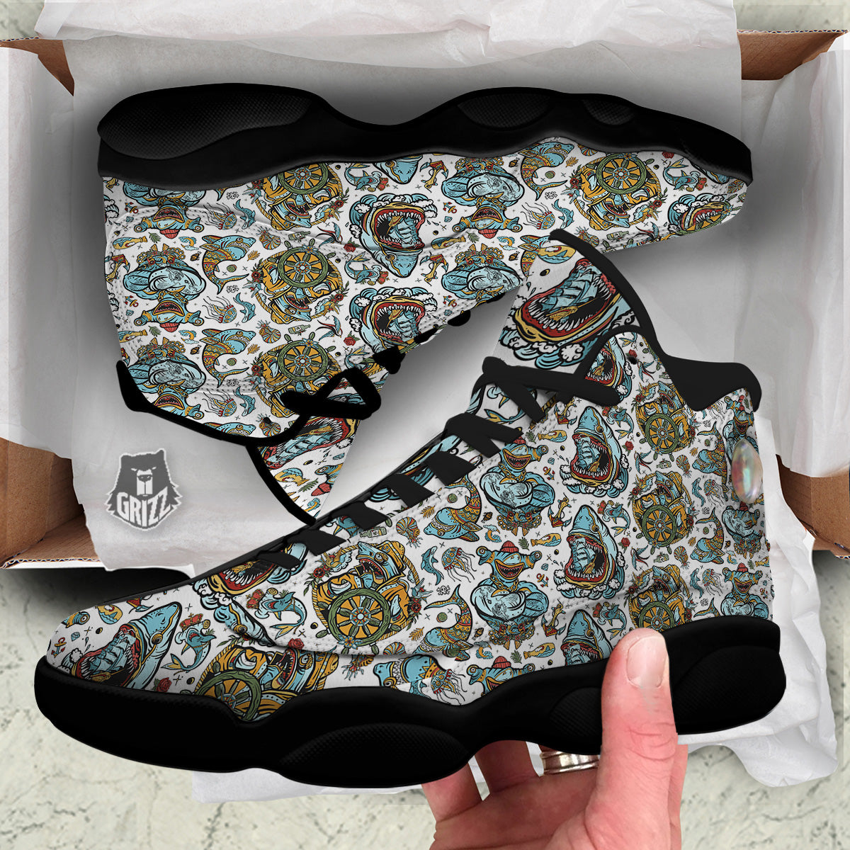 Sharks Underwater Tattoo Print Pattern Black Basketball Shoes-grizzshop