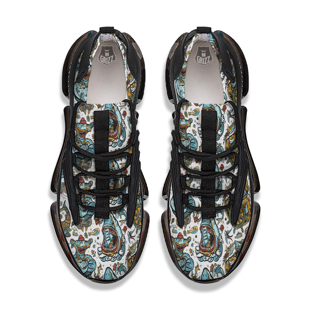 Sharks Underwater Tattoo Print Pattern Black Gym Shoes-grizzshop