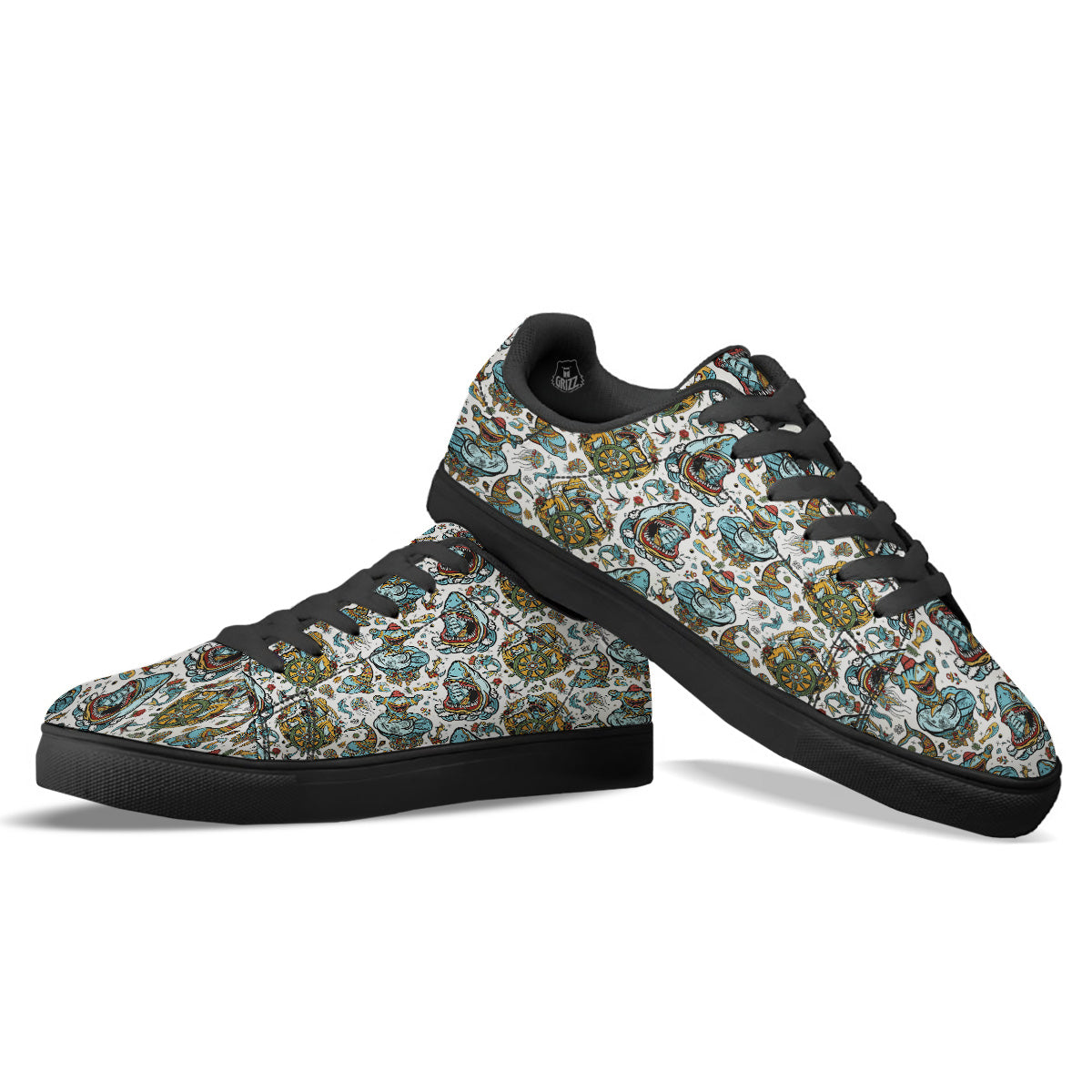 Sharks Underwater Tattoo Print Pattern Black Low Top Sneakers-grizzshop