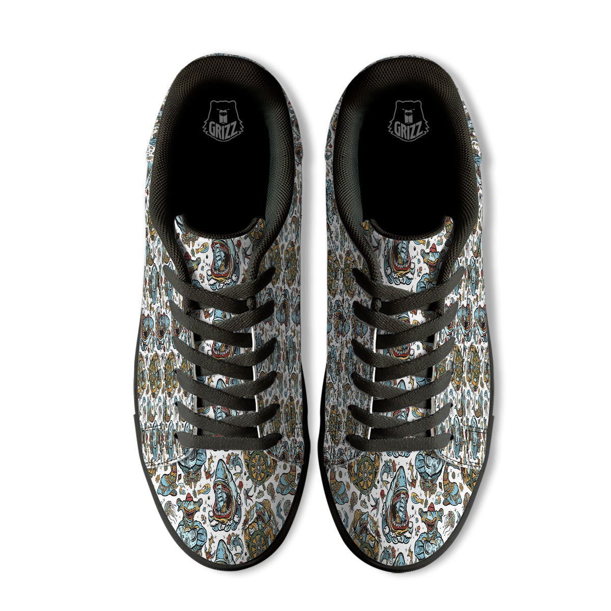 Sharks Underwater Tattoo Print Pattern Black Low Top Sneakers-grizzshop