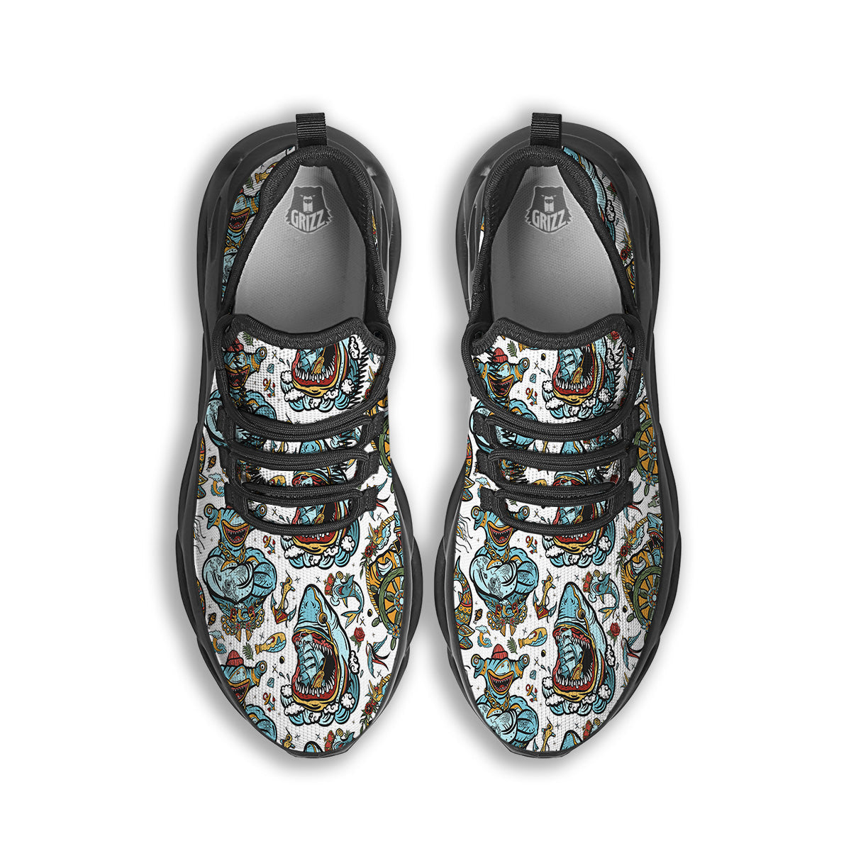 Sharks Underwater Tattoo Print Pattern Black Running Shoes-grizzshop