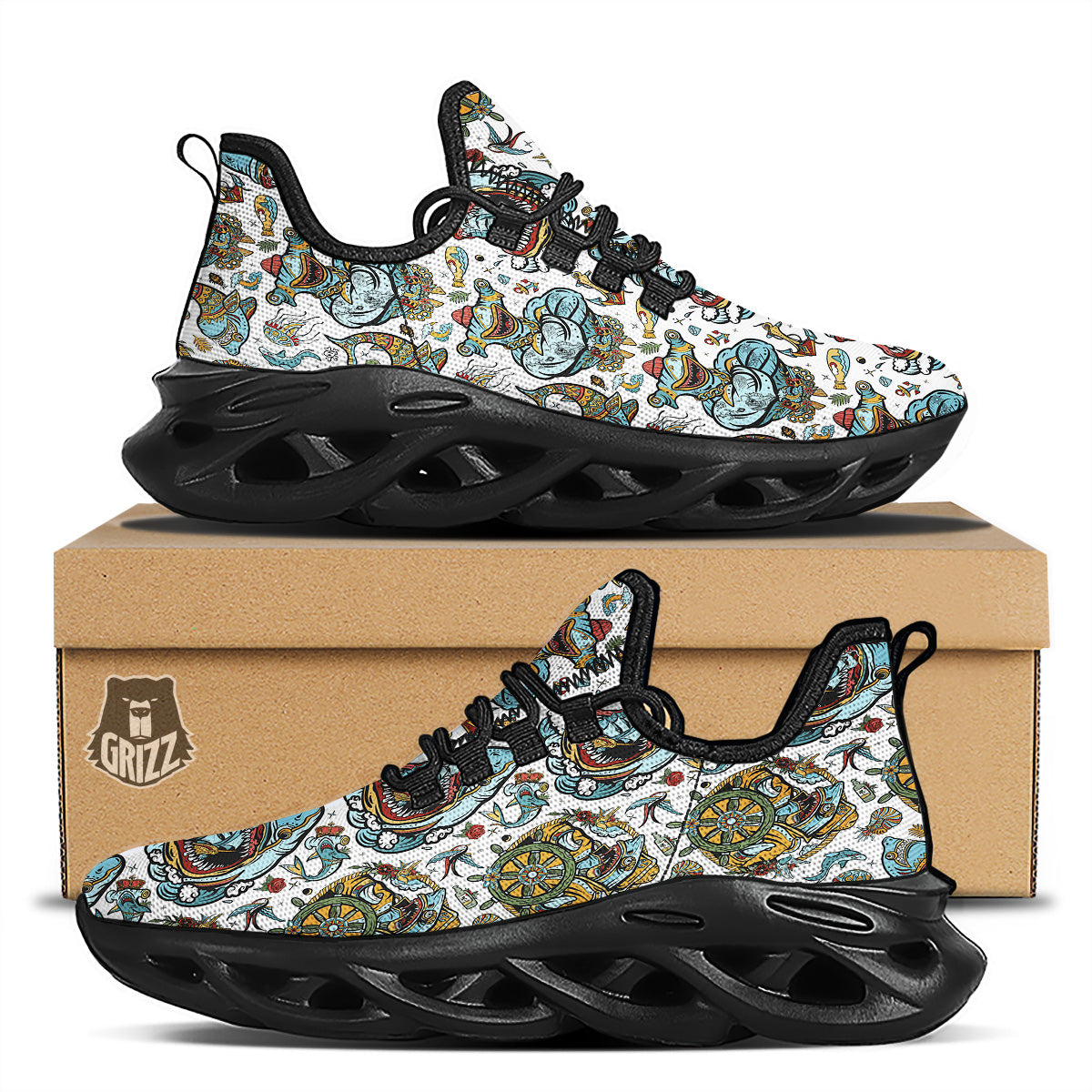 Sharks Underwater Tattoo Print Pattern Black Running Shoes-grizzshop