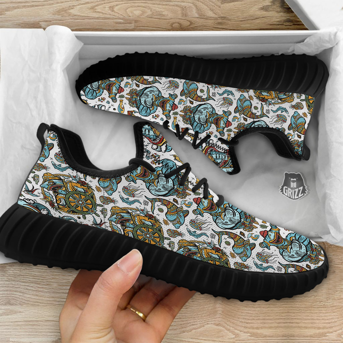 Sharks Underwater Tattoo Print Pattern Black Walking Shoes-grizzshop