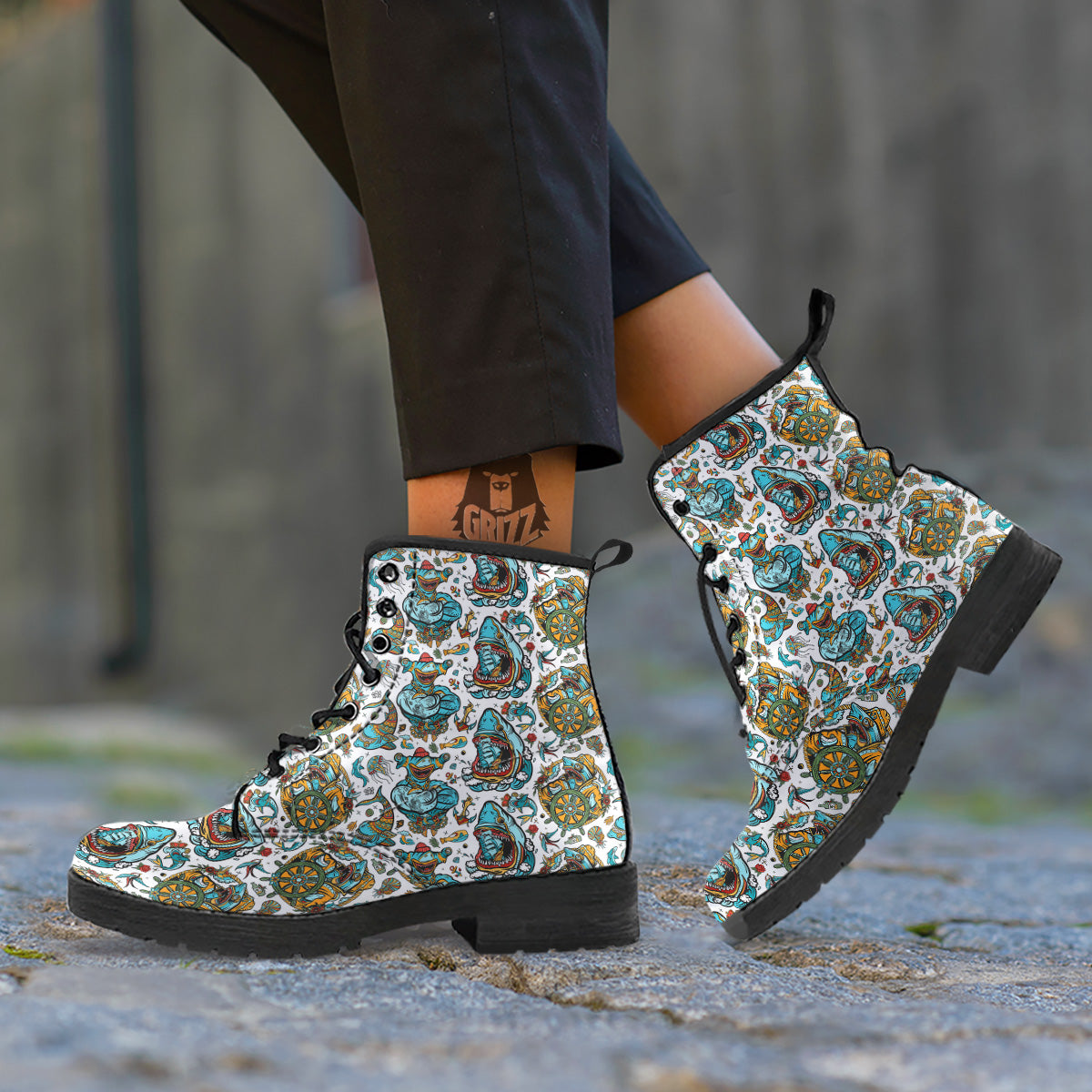 Sharks Underwater Tattoo Print Pattern Leather Boots-grizzshop