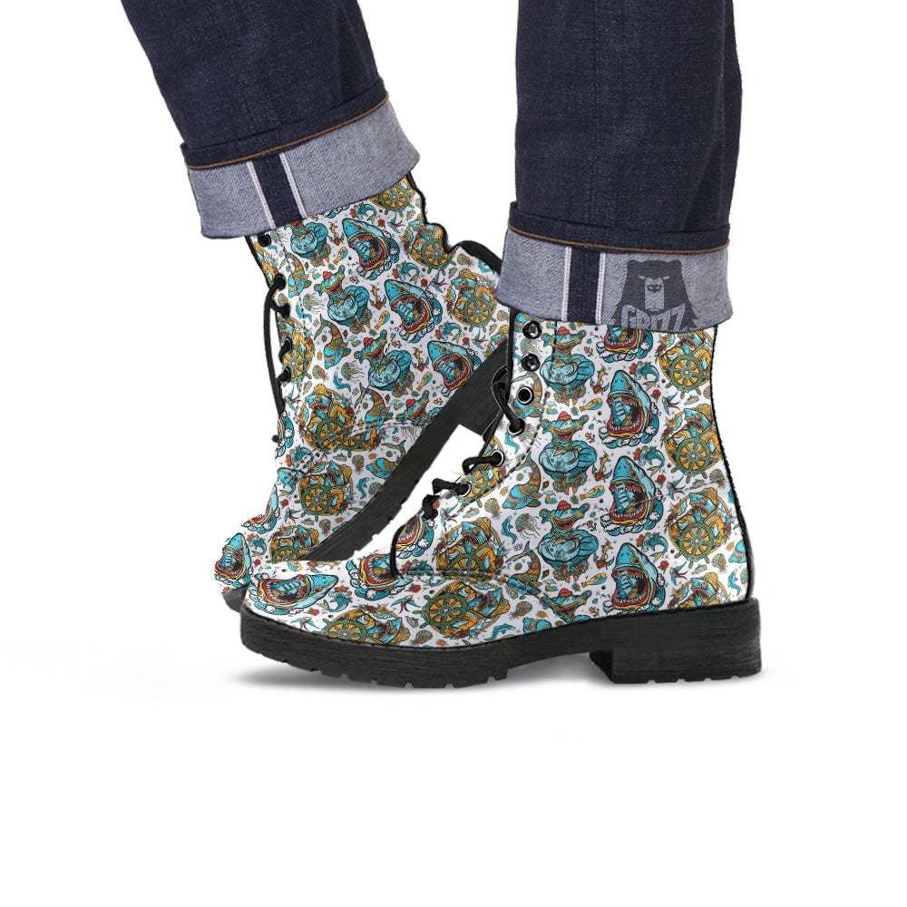 Sharks Underwater Tattoo Print Pattern Leather Boots-grizzshop