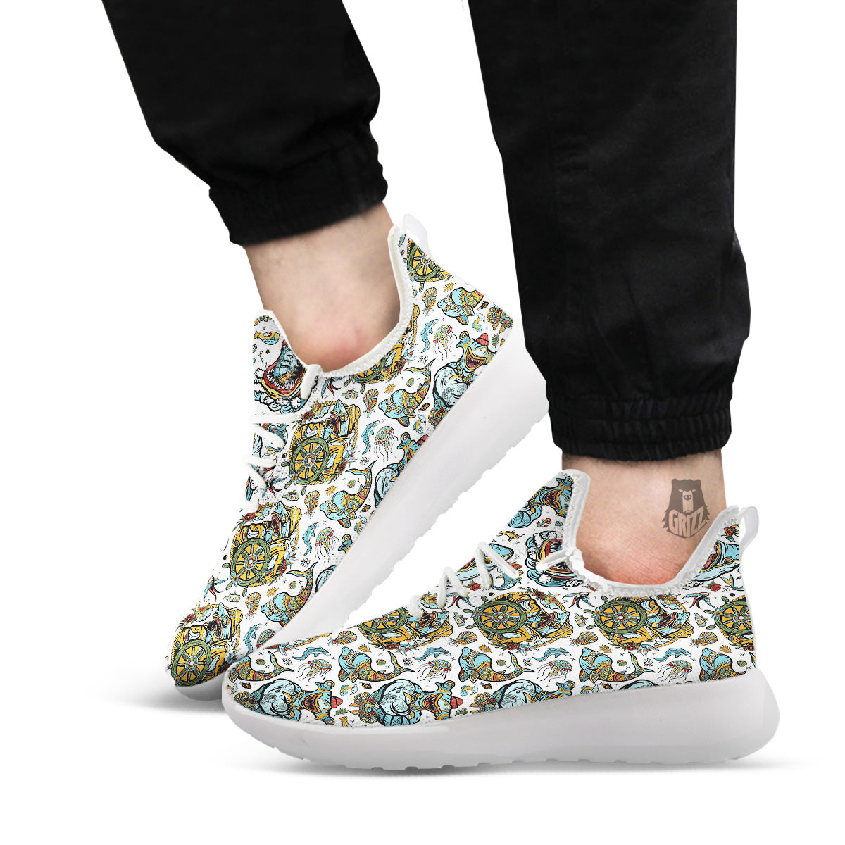 Sharks Underwater Tattoo Print Pattern White Athletic Shoes-grizzshop