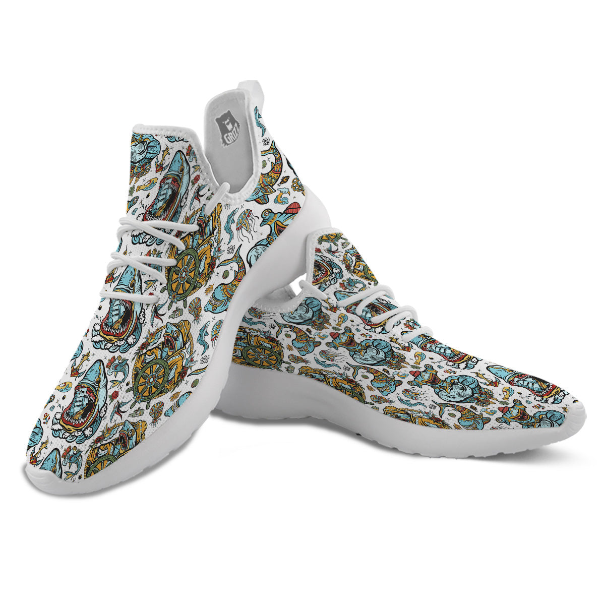 Sharks Underwater Tattoo Print Pattern White Athletic Shoes-grizzshop