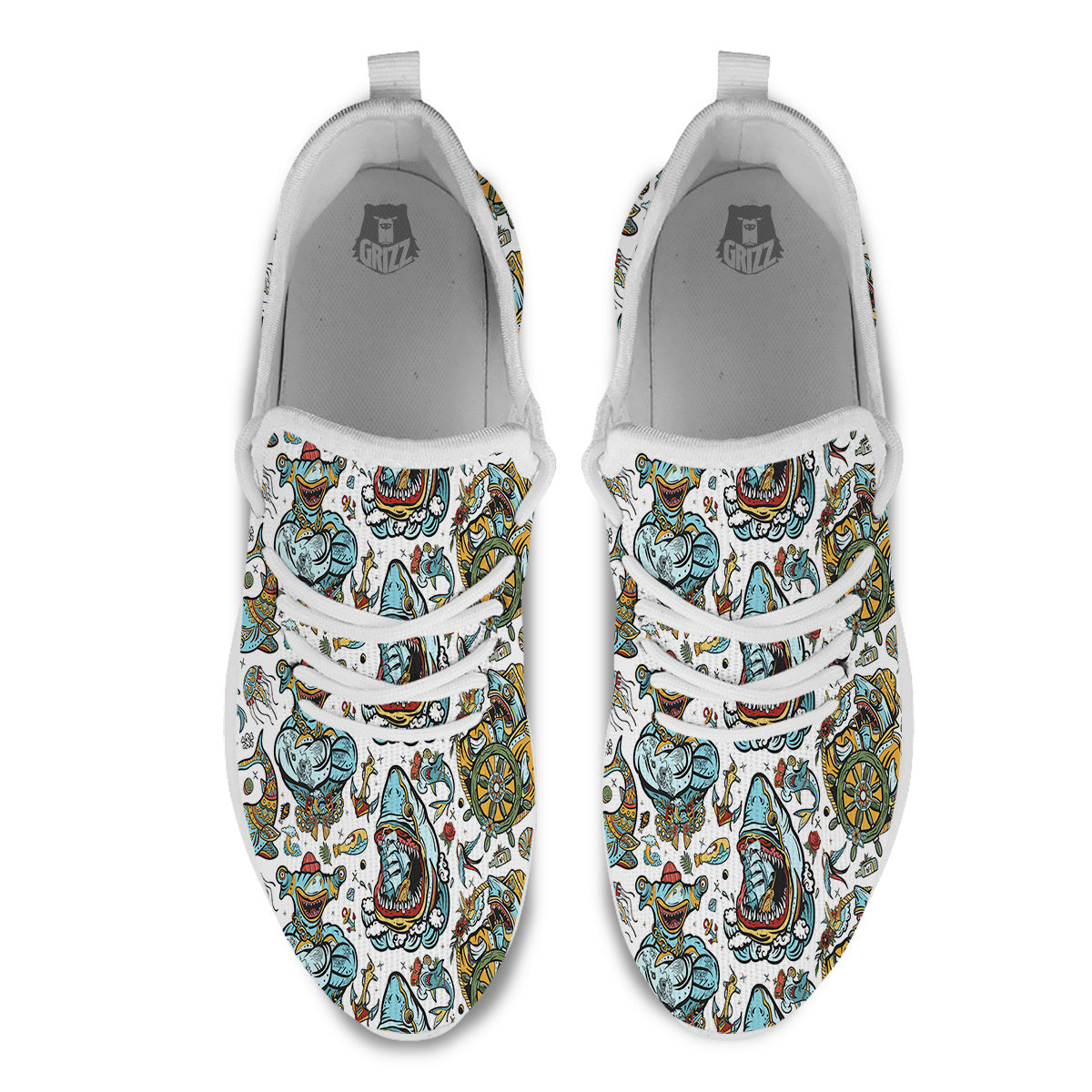 Sharks Underwater Tattoo Print Pattern White Athletic Shoes-grizzshop