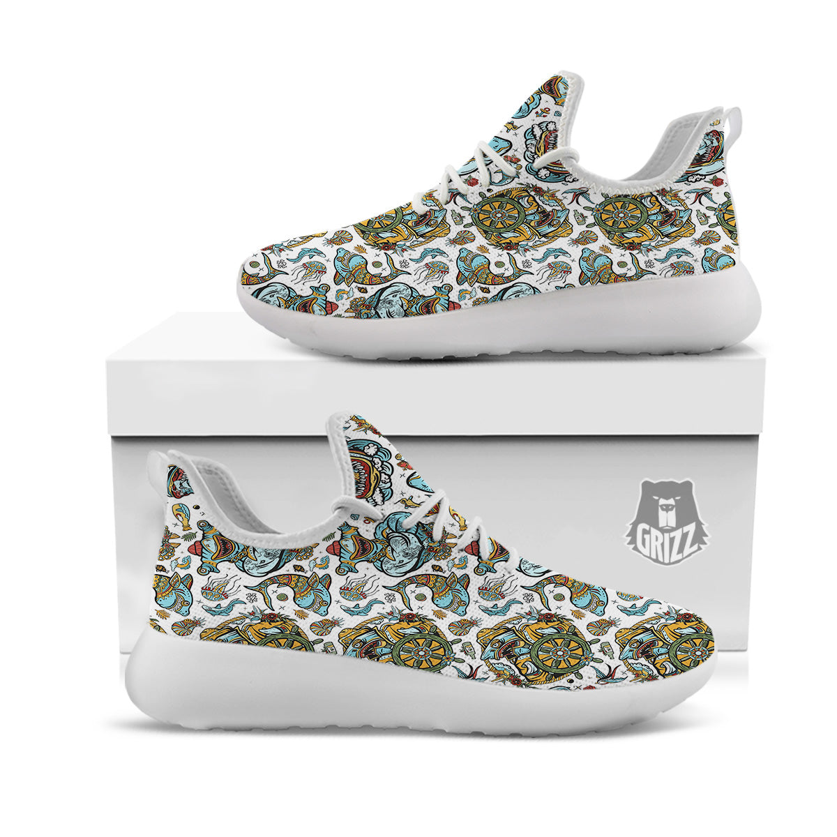 Sharks Underwater Tattoo Print Pattern White Athletic Shoes-grizzshop
