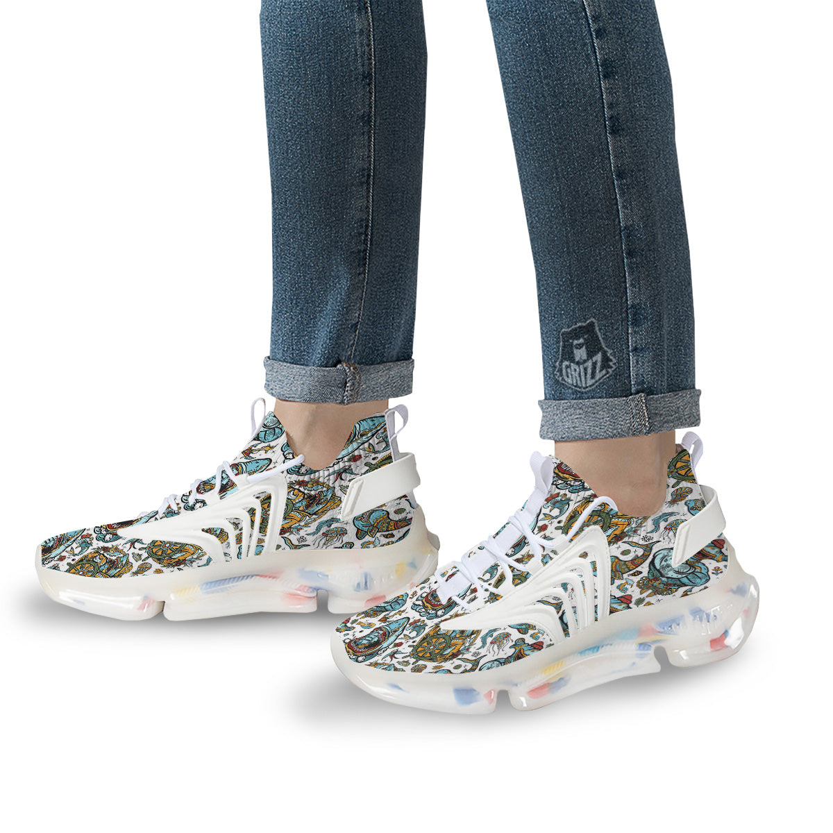 Sharks Underwater Tattoo Print Pattern White Gym Shoes-grizzshop