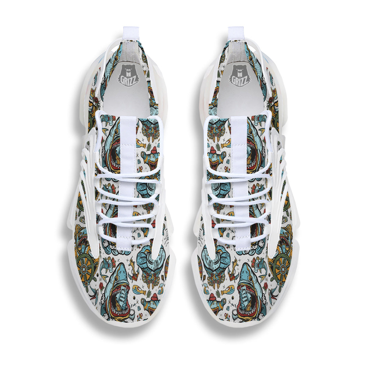 Sharks Underwater Tattoo Print Pattern White Gym Shoes-grizzshop