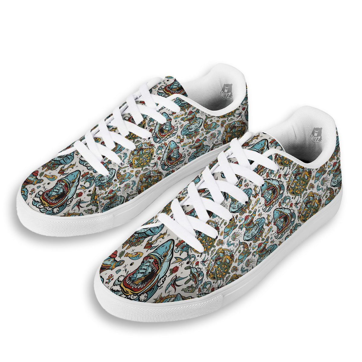 Sharks Underwater Tattoo Print Pattern White Low Top Sneakers-grizzshop