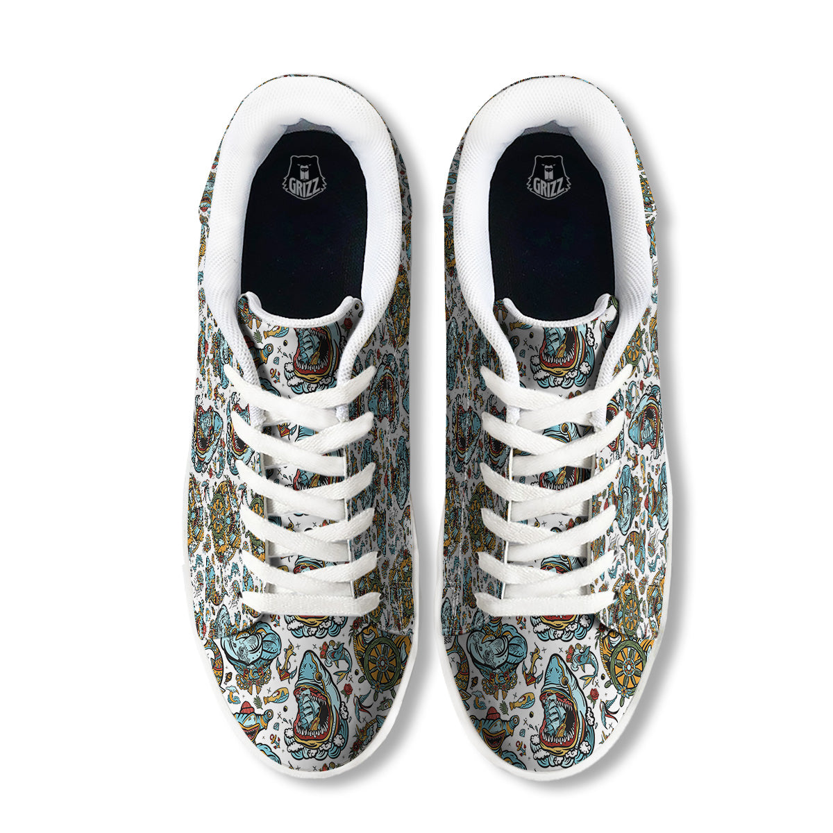 Sharks Underwater Tattoo Print Pattern White Low Top Sneakers-grizzshop