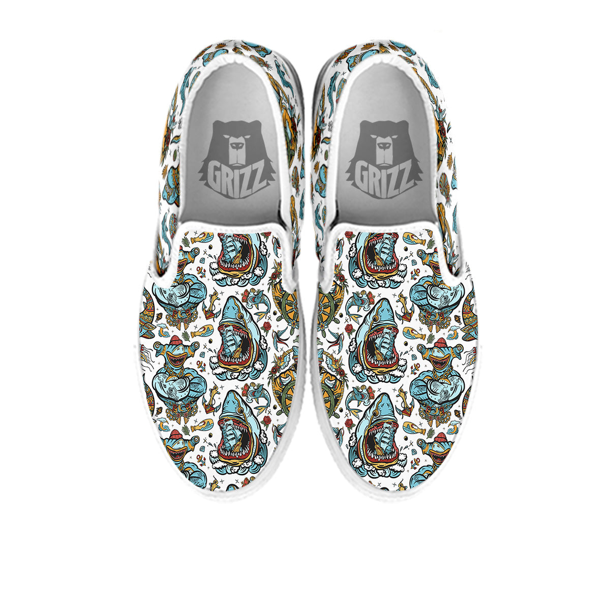 Sharks Underwater Tattoo Print Pattern White Slip On Shoes-grizzshop