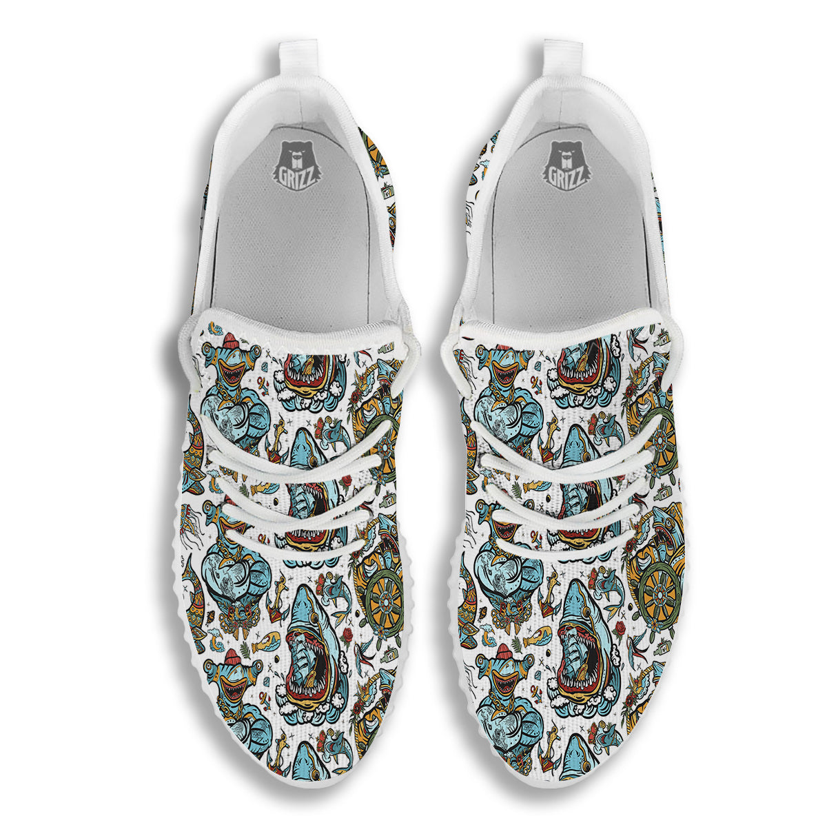 Sharks Underwater Tattoo Print Pattern White Walking Shoes-grizzshop