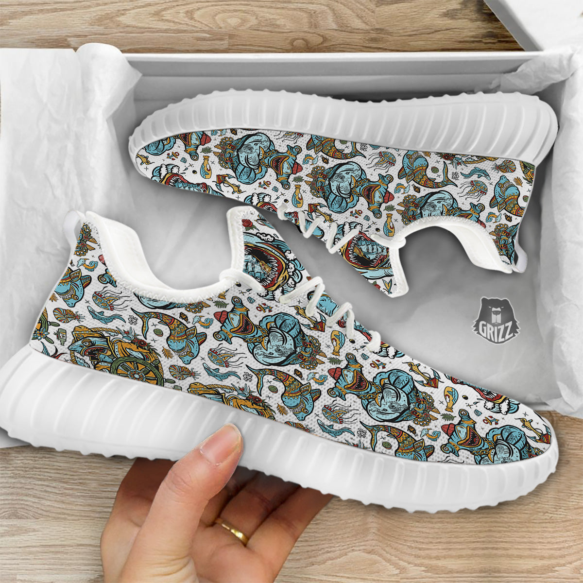 Sharks Underwater Tattoo Print Pattern White Walking Shoes-grizzshop