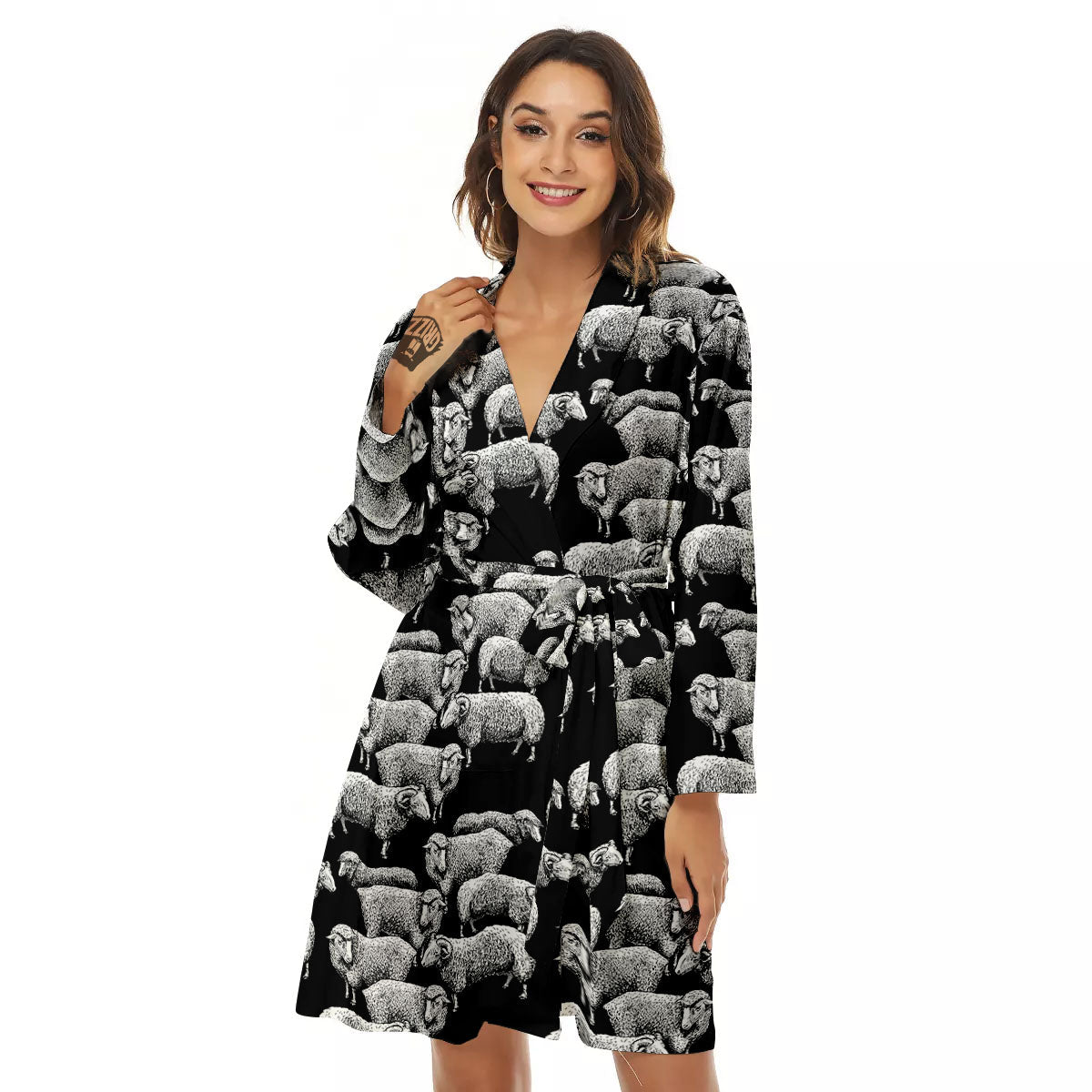 Sheep Doodle Print Pattern Women's Robe-grizzshop