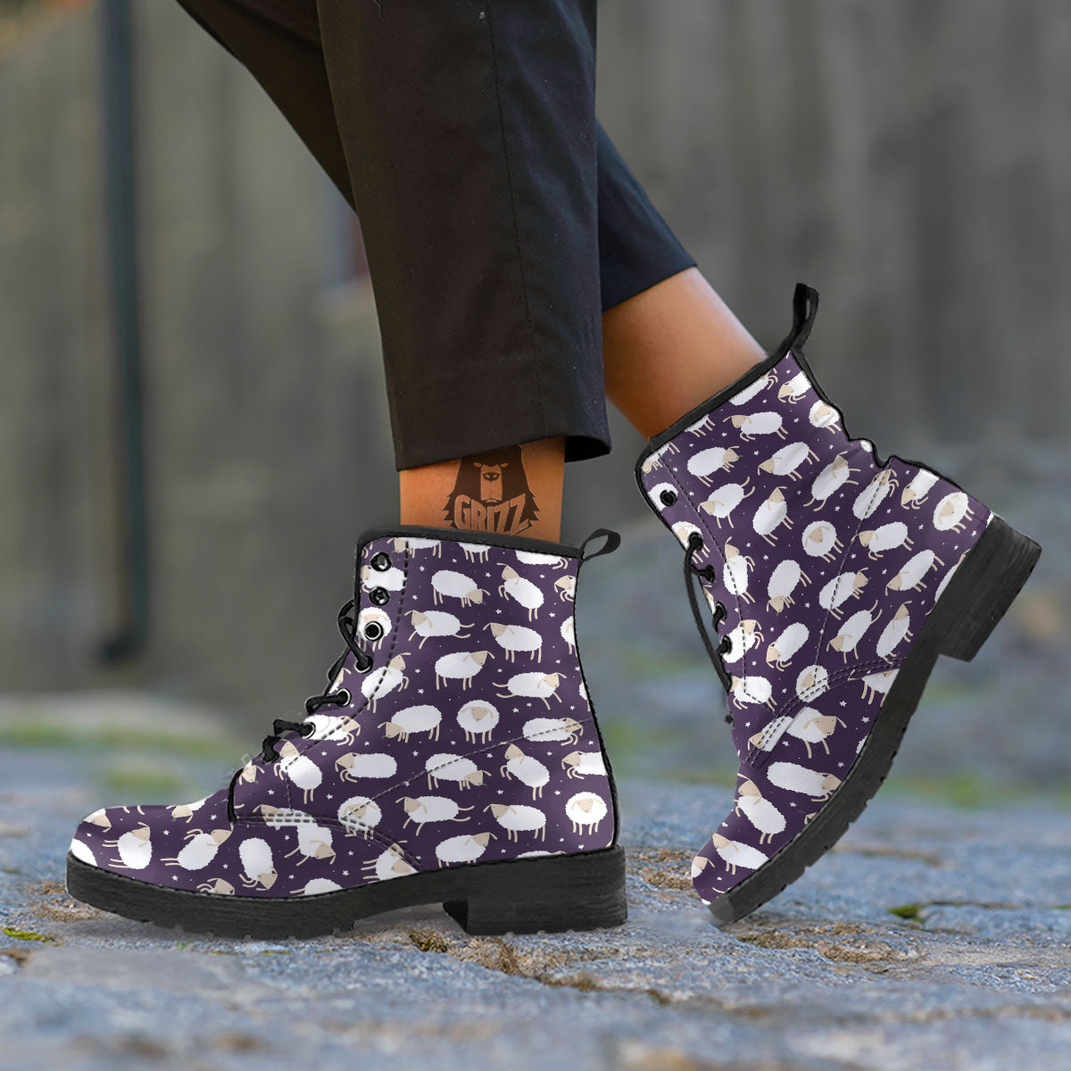 Sheep Print Pattern Leather Boots-grizzshop