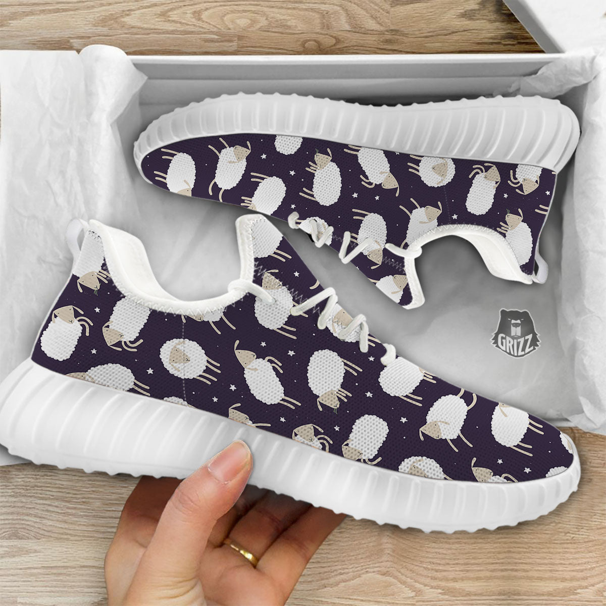 Sheep Print Pattern White Walking Shoes-grizzshop