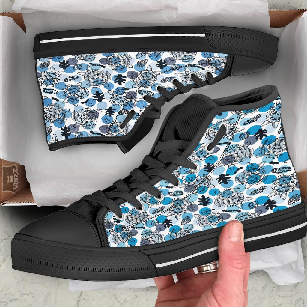 Shell Sea Turtle Print Pattern Black High Top Shoes-grizzshop