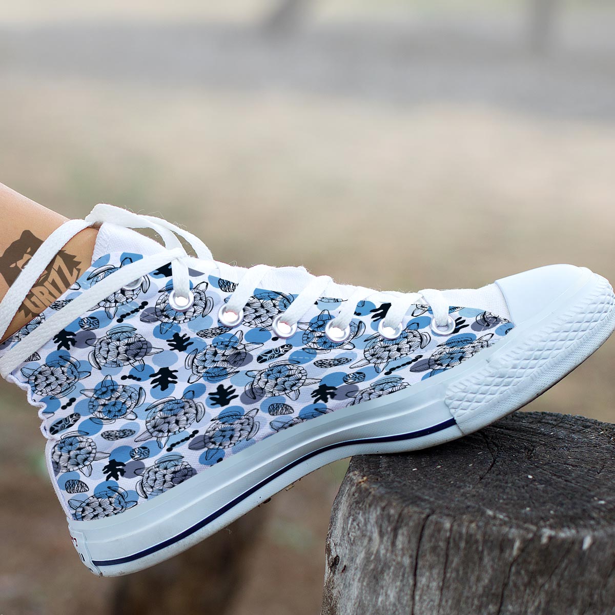 Shell Sea Turtle Print Pattern White High Top Shoes-grizzshop