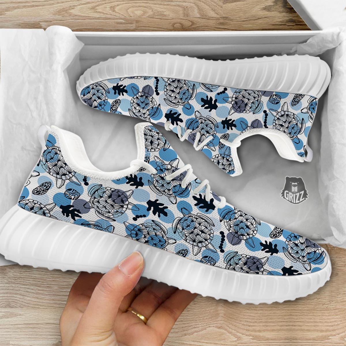 Shell Sea Turtle Print Pattern White Walking Shoes-grizzshop