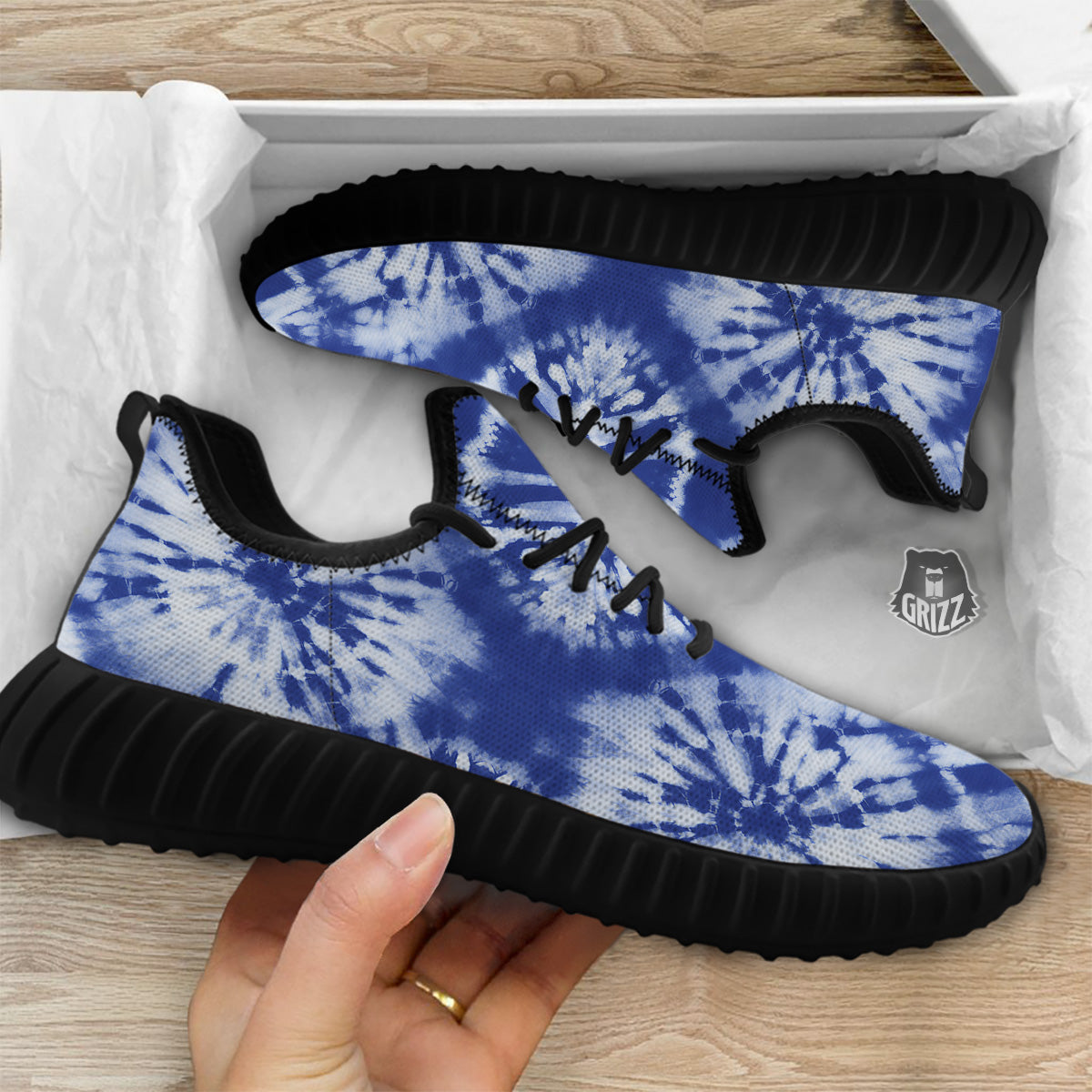 Shibori Blue Print Black Walking Shoes-grizzshop