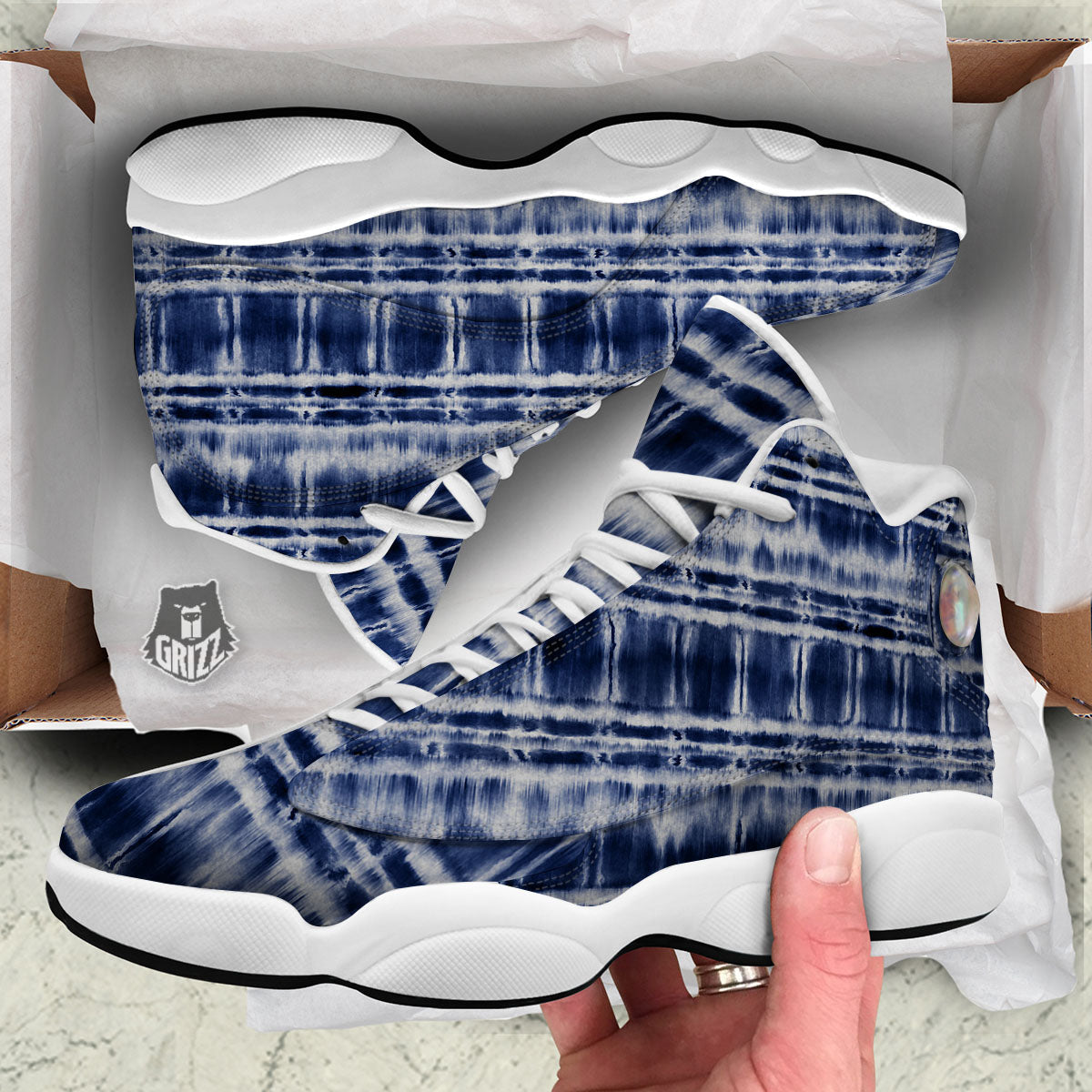 Shibori Indigo Dye Print White Basketball Shoes-grizzshop